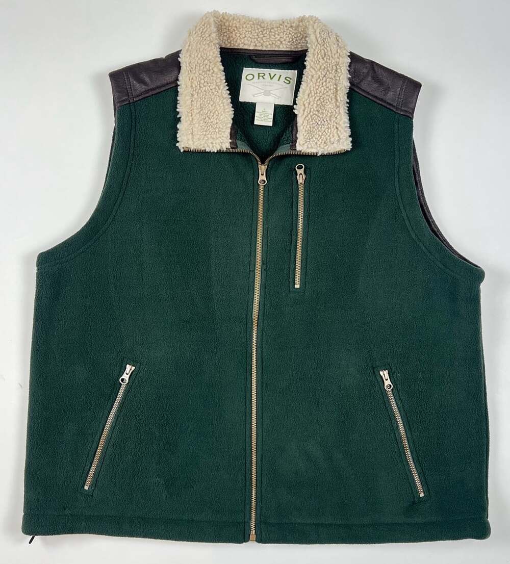 Orvis Mens Large Deep Green Warm Fleece Vest With Faux Leather Accents